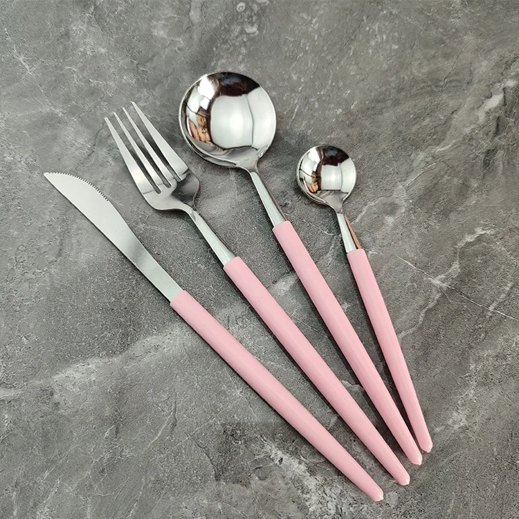 Disposable  Eco-friendly New Portuguese 4pcs plastic handle silver cutlery set Western tableware knife fork and spoon