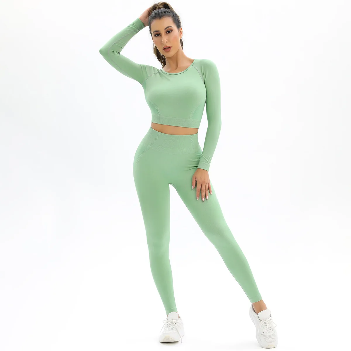 peach seamless knitted backless high elastic long sleeve yoga suit sports running fitness two-piece set for women