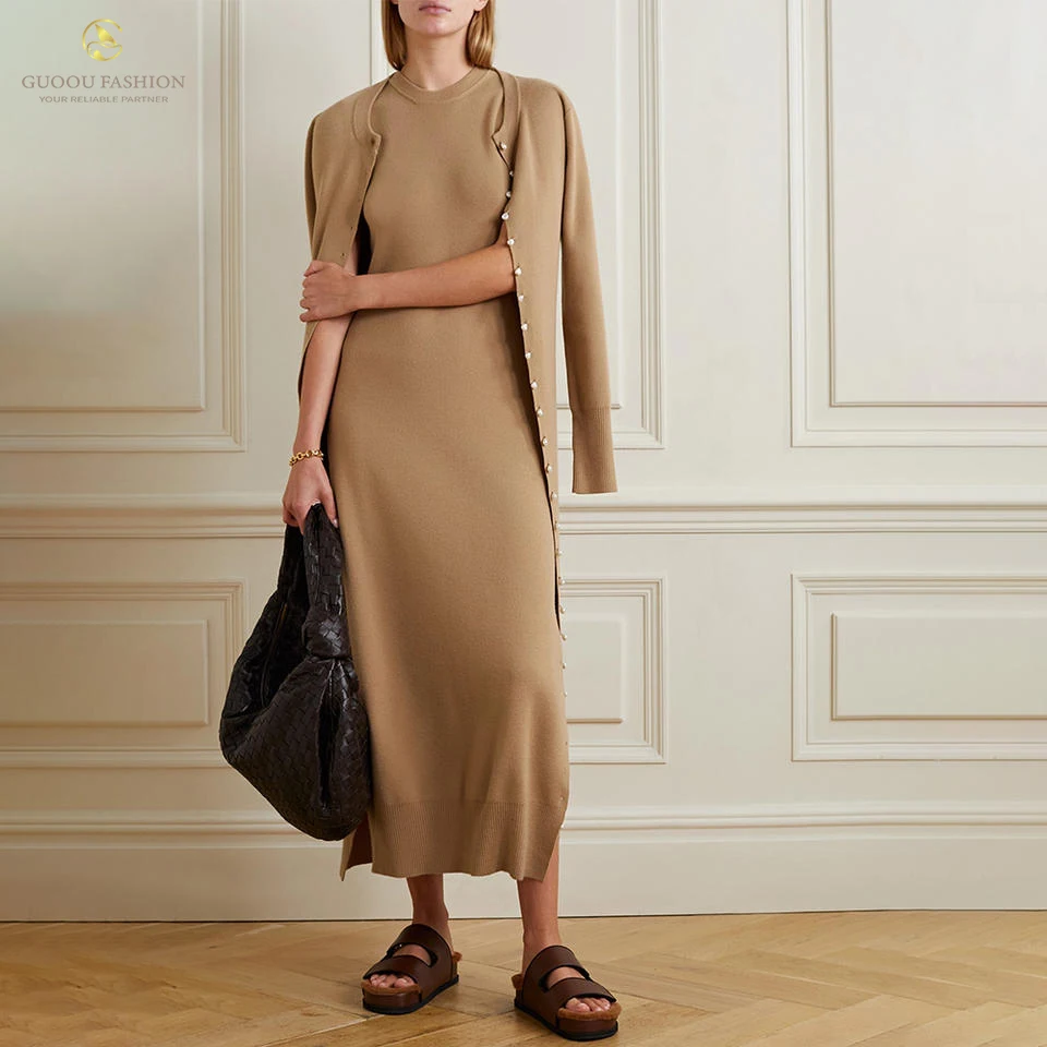 Sleeveless Knit Sweater Women Elegant Midi Dress Fall Button Pearl Wool Casual Rib Knitted Woolen Dress