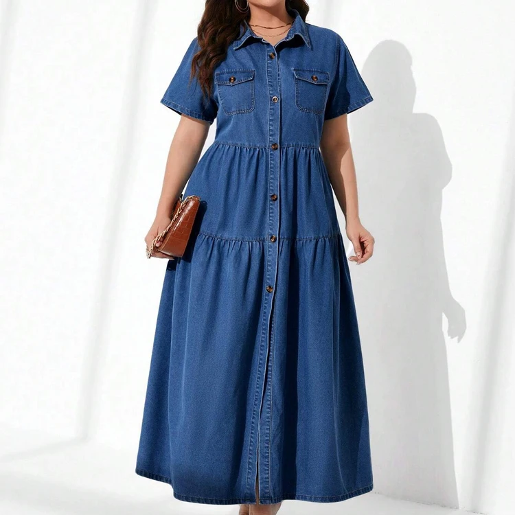 Customized Casual and Formal Maxi Denim Dress for Women Plus Size Single Breasted with Long Sleeves for Summer
