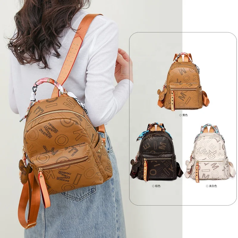 Wholesale Female PU Leather Backpacks Pure Color Letter-Print Travel Backpack Silk Scarf Wrapped Handle College Girls Bags