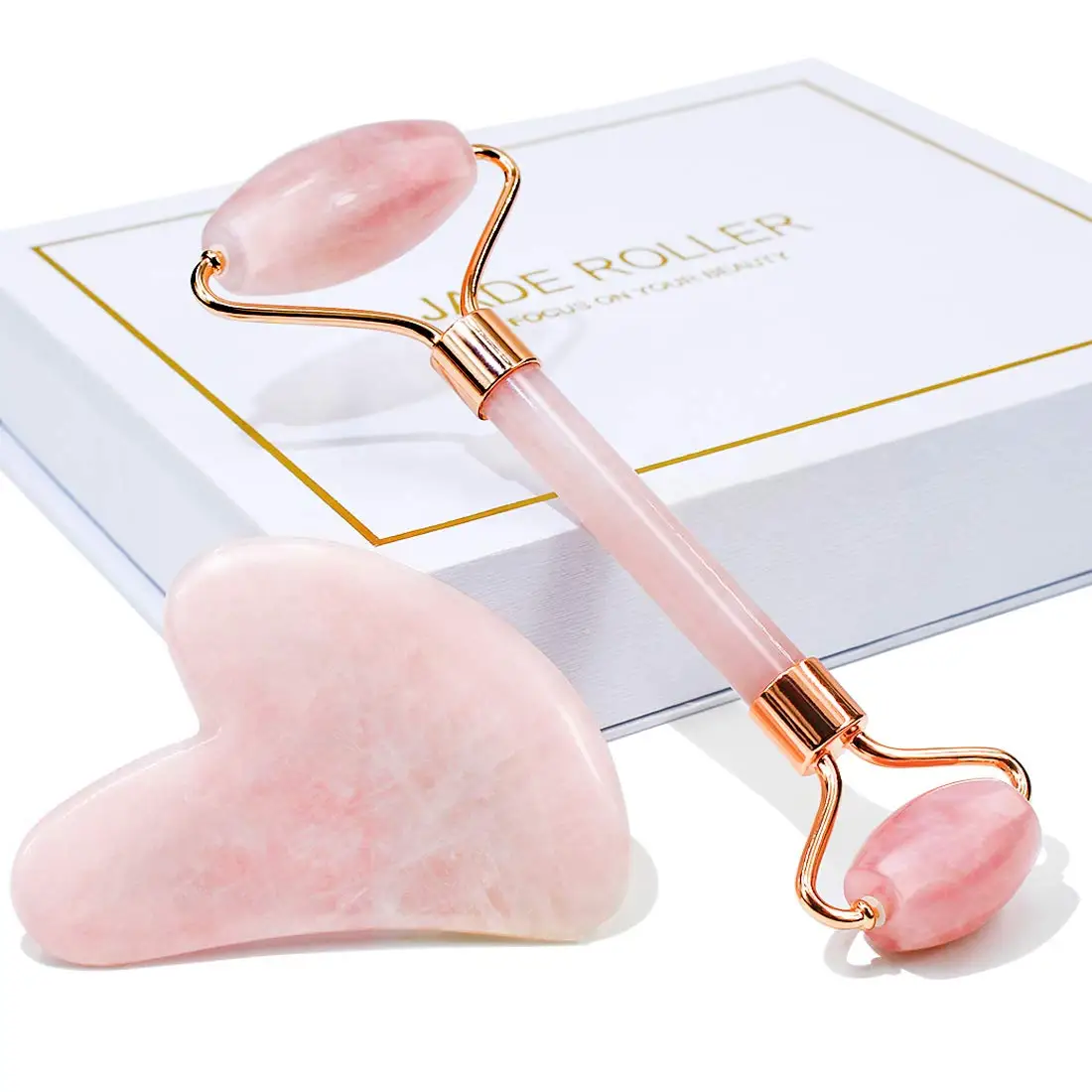 Face Jade Roller and Gua Sha Set Facial Beauty Skin Care Tool Rose Quartz Massager for Face Eyes Neck Relieve Wrinkles