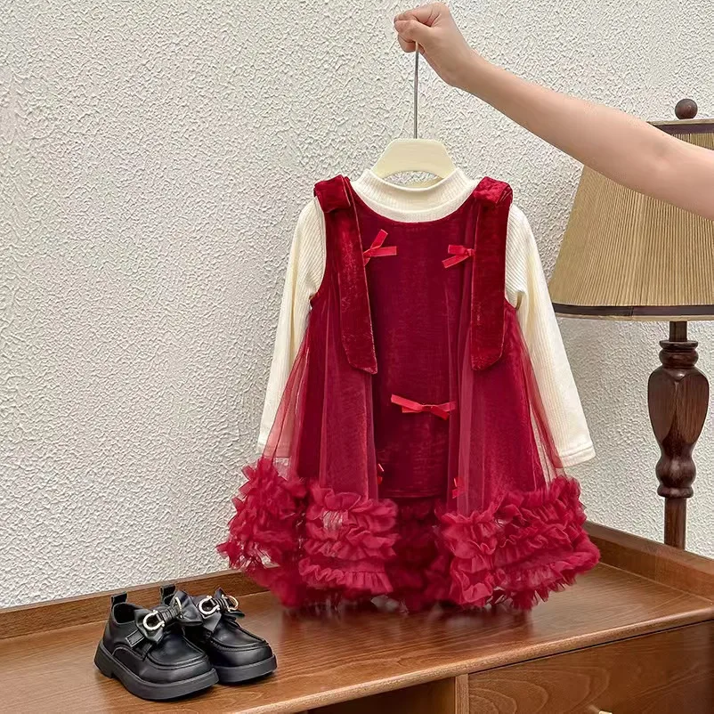 Shuoyang New Bow Princess Dress for Autumn/Winter 2024 A Christmas dress designed for beautiful girls aged 3-13 Boutique skirt