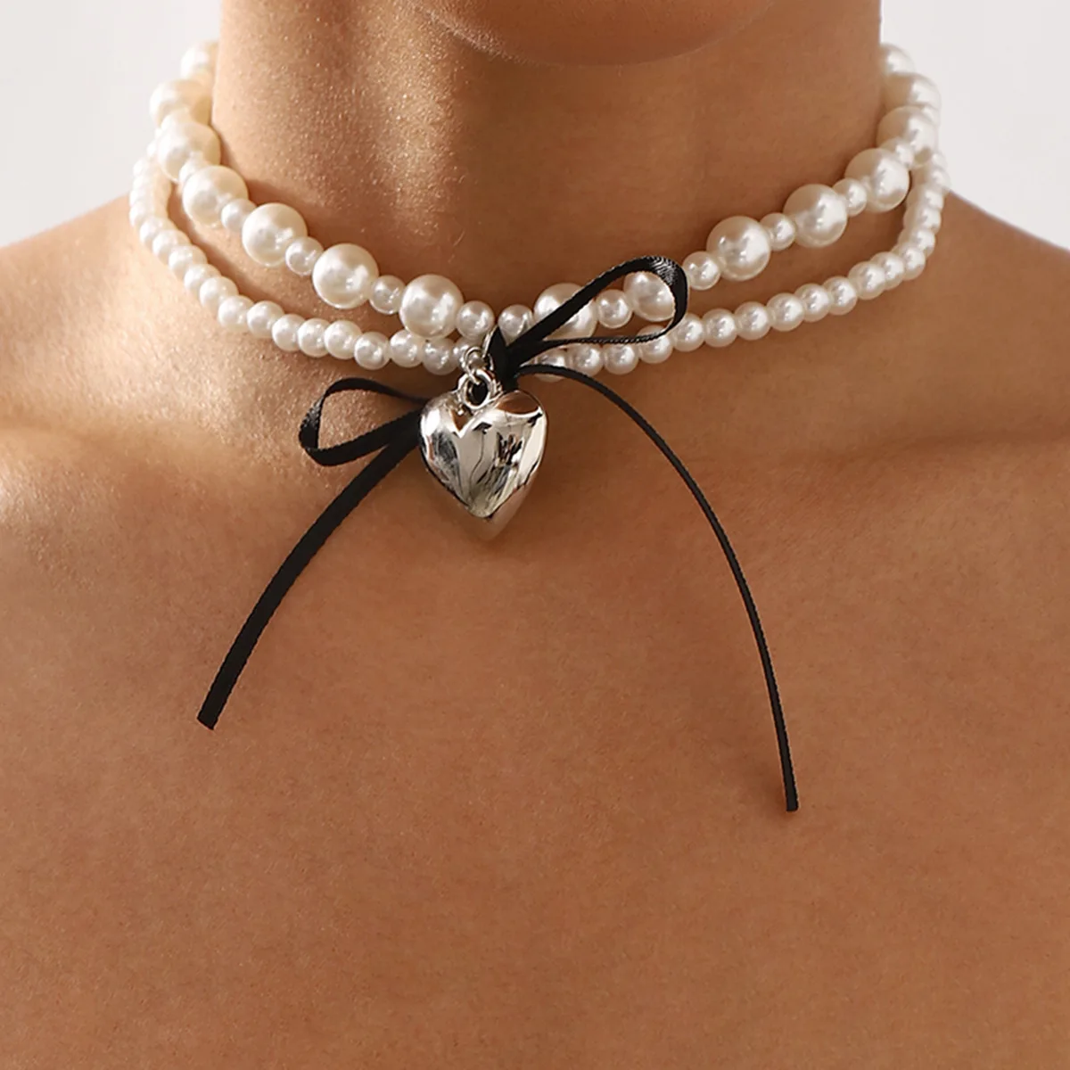 Instagram Sweet Cool Wind Black Ribbon Bow Love Pendant Double Pearl Necklace Niche Accessories