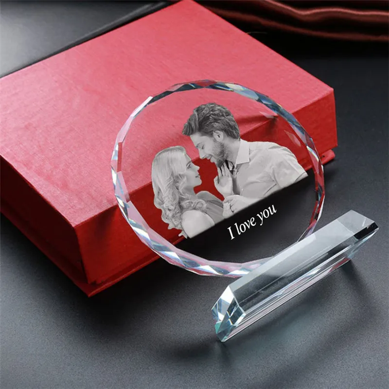 Personalized Round Crystal Photo Frame 2D Laser Engraved Glass Pictures Gifts for Wedding Anniversary Birthday