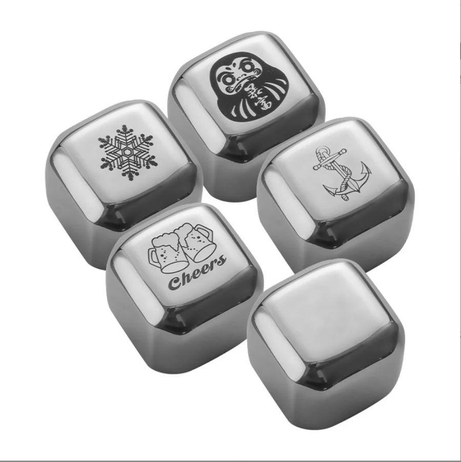 Free Box Metal Cooling Reusable Whiskey Stone Stainless Steel 304 Ice Cube Rock with Clip for Quick Freezing Metal Ice Cubes