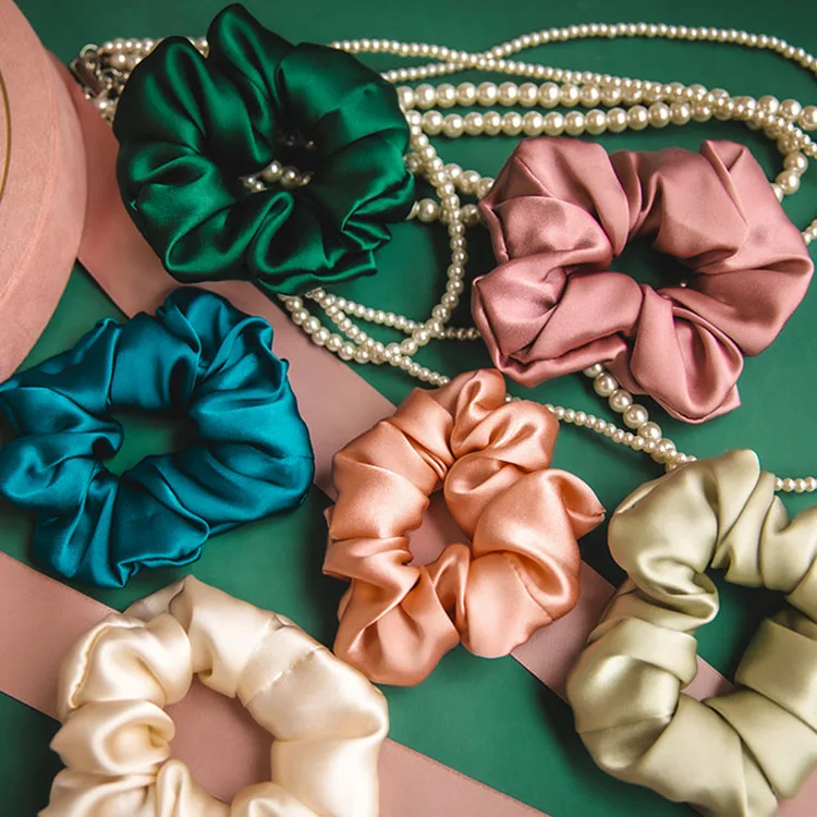 Top Seller Custom Solid Color Silk Bulk Elastic Hair Ties Satin Hair Bands Silk Scrunchies