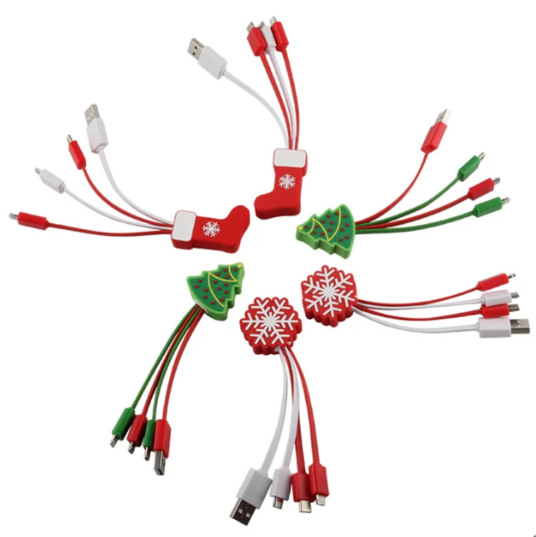 По индивидуальному заказу быструю зарядку провод милые ПХВ Новогодняя серии 3 в 1 взаимный обмен данными между компьютером и периферийными устройствами для обмена данными и зарядки для рождественские рекламные подарки