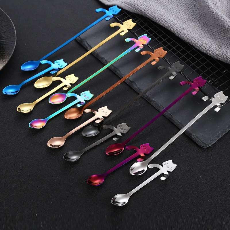 Creativity tableware 304 stainless steel metal lovely cat long handle spoon for drinks