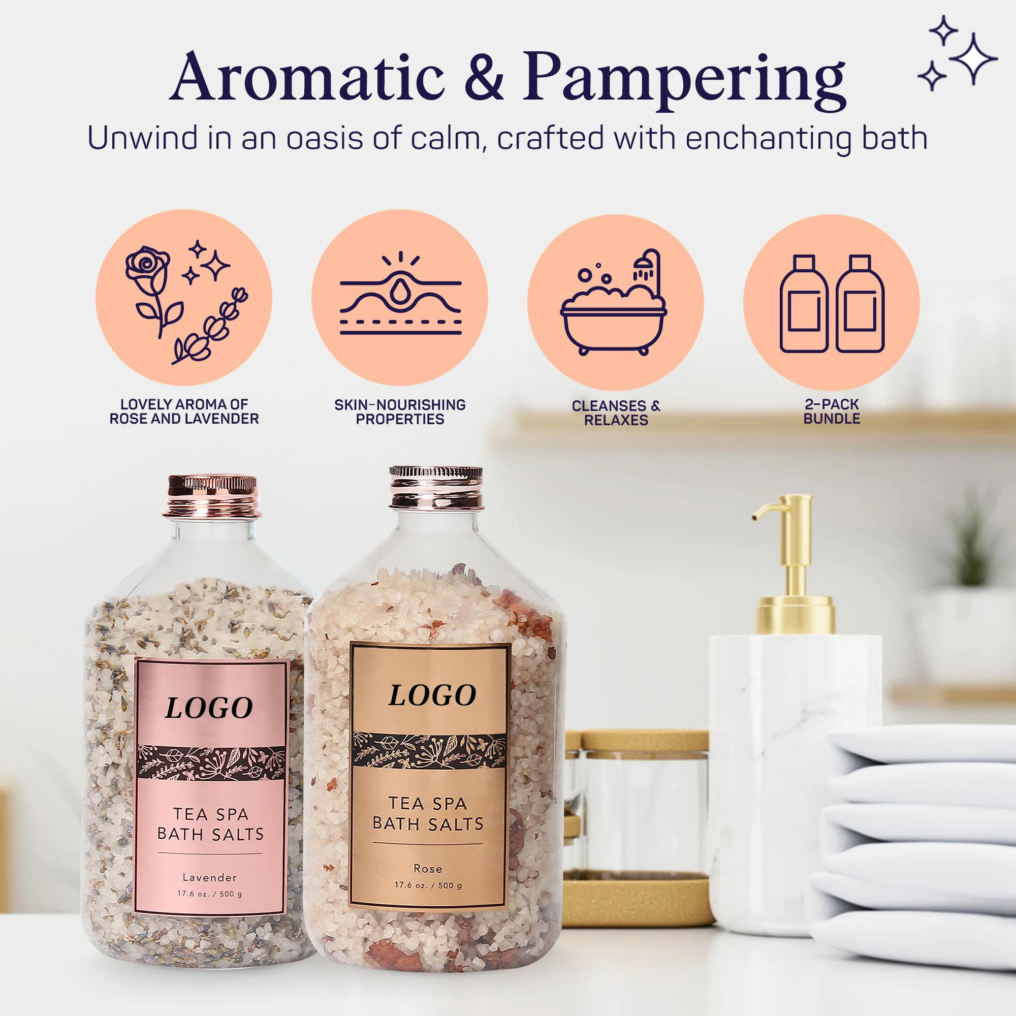 OEM Natural Body Care Lavender & Rose Deep Cleaning Exfoliating Relaxing Tea Spa Petal-Infused Effervescent Mineral Bath Salts