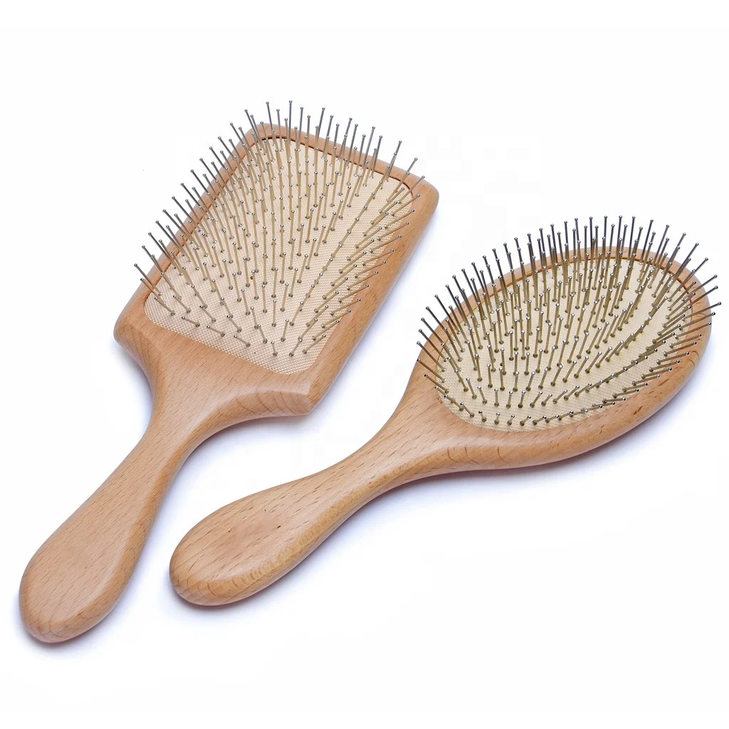 Luxury Hair Brush Personalized Logo Wooden Comb Metal Pins Bristle Wig Brush Round Paddle Detangling Wooden Hair Brush