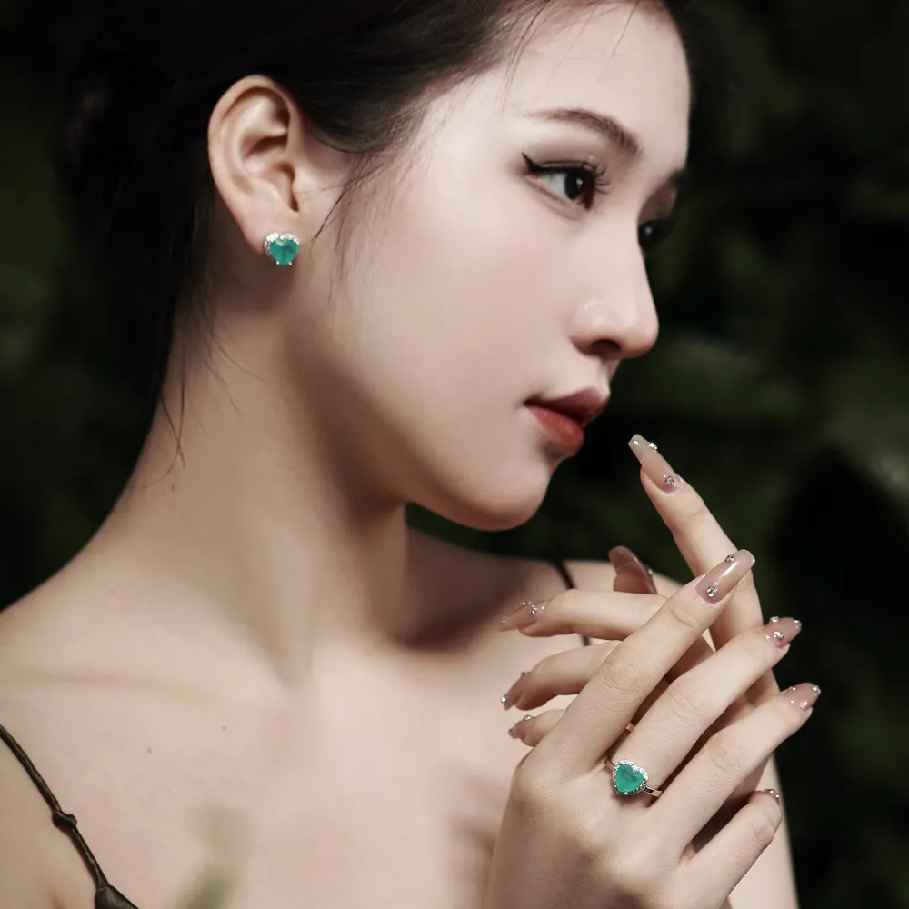 Dylam New Design Luxurious Jewelry S925 Silver Paraiba Teal Blue Heart Shape Eternity Band 5A Zirconia Promise Wedding Ring