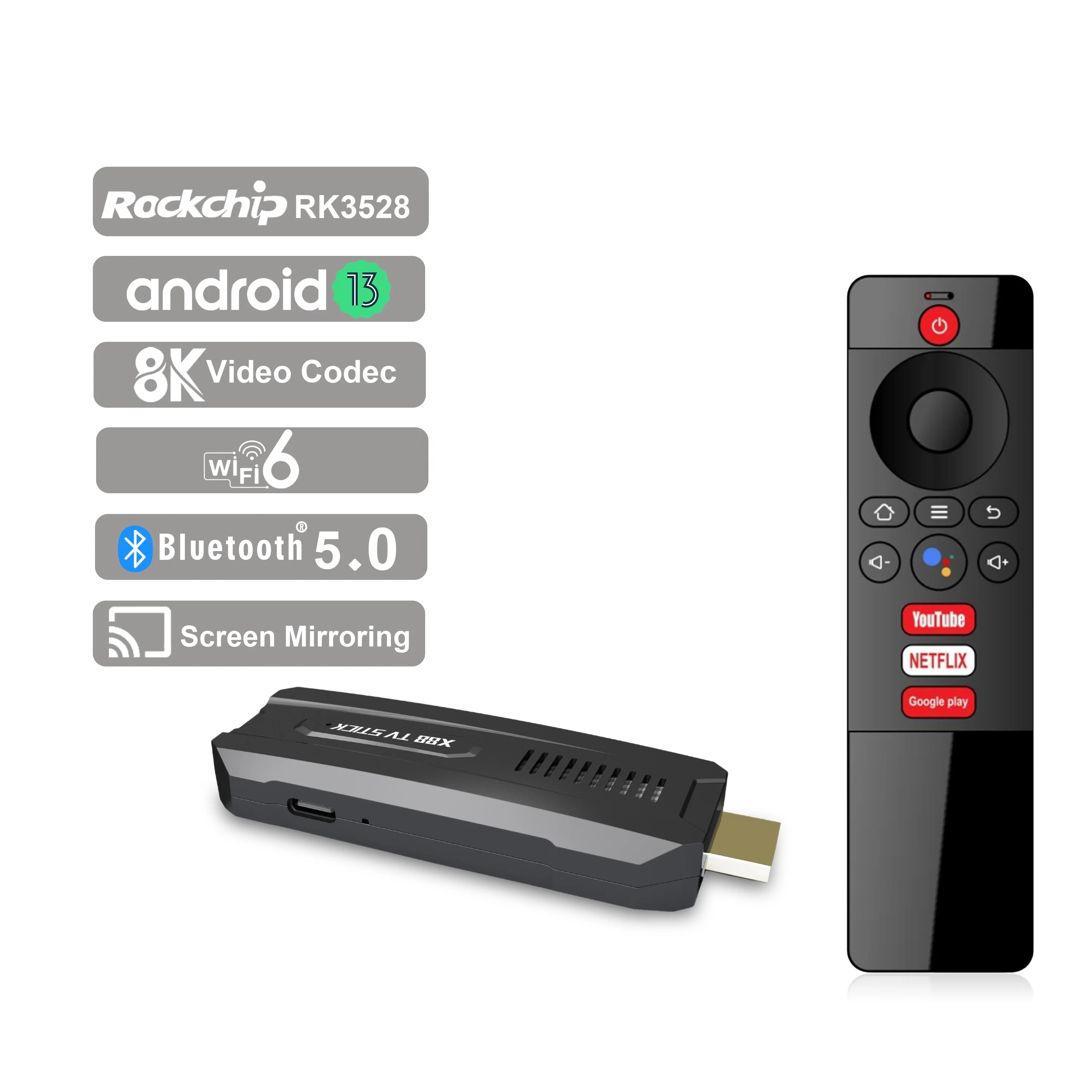 X88 TV Stick Android13 ATV UI RK3528 Quad Core 64bit Cortex A53 Support 8K Video 4K 60fps Wifi6 BT5.0 Set Top Box TV Dongle