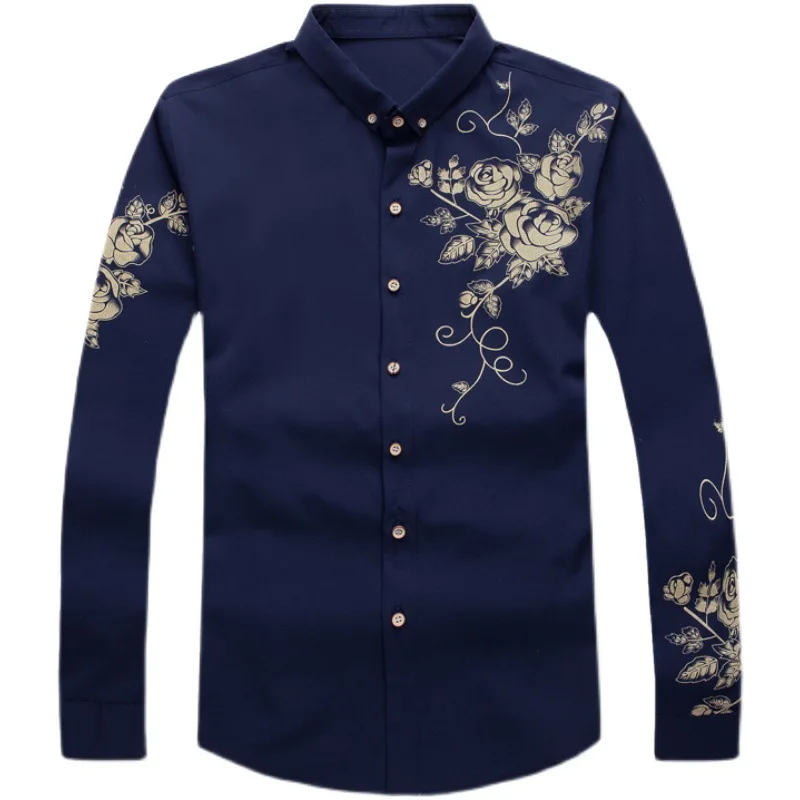 Brand Wine Red Mens Dress Shirts 2024 Fashion Golden Rose Flower Print Button Down Shirt Men Slim Fit Long Sleeve Chemise Homme