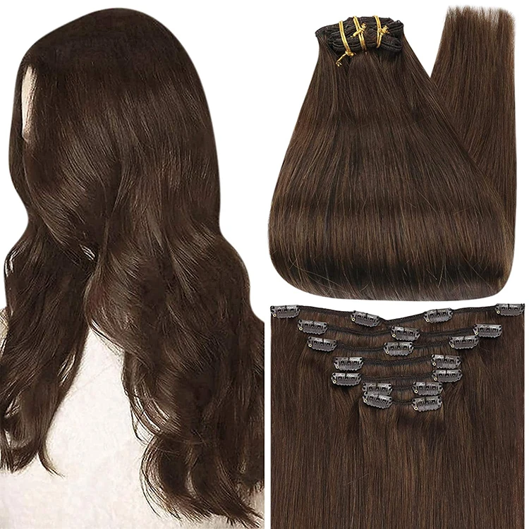 Full Shine Factory Direct Sales #4 Dark Brown Real Human Hair Extension Clip on Brazilian Remy Hair