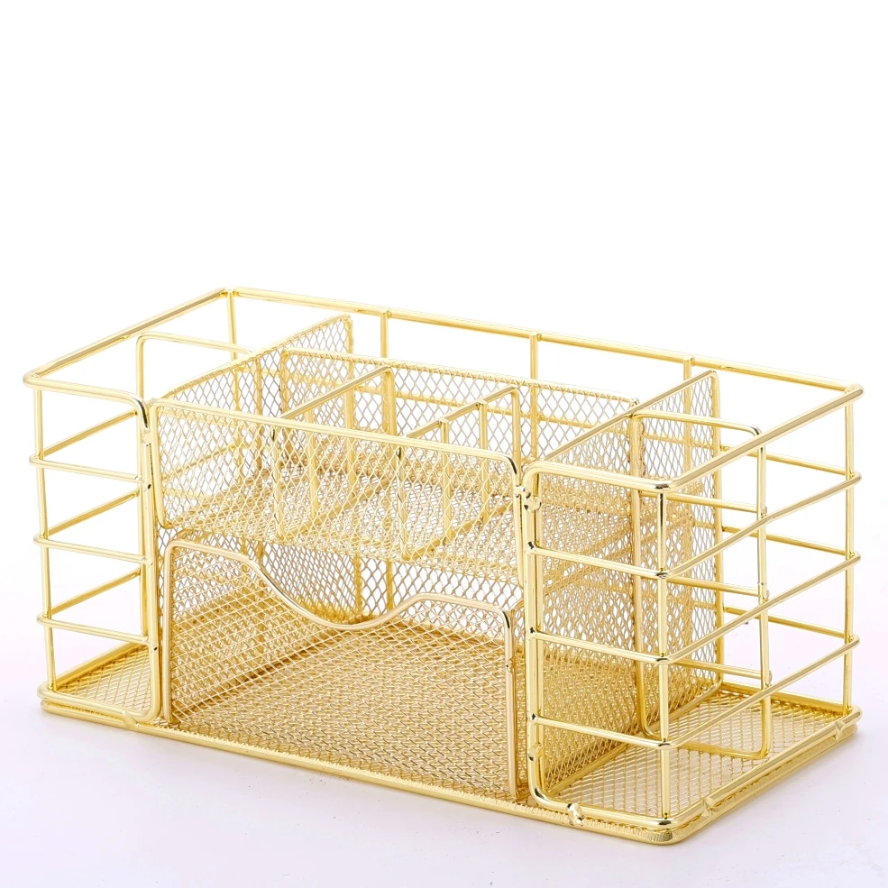 2023 Hot Sale Metal Wire Rose Gold Storage Basket Pen And Stamper Holder For Office Supplies