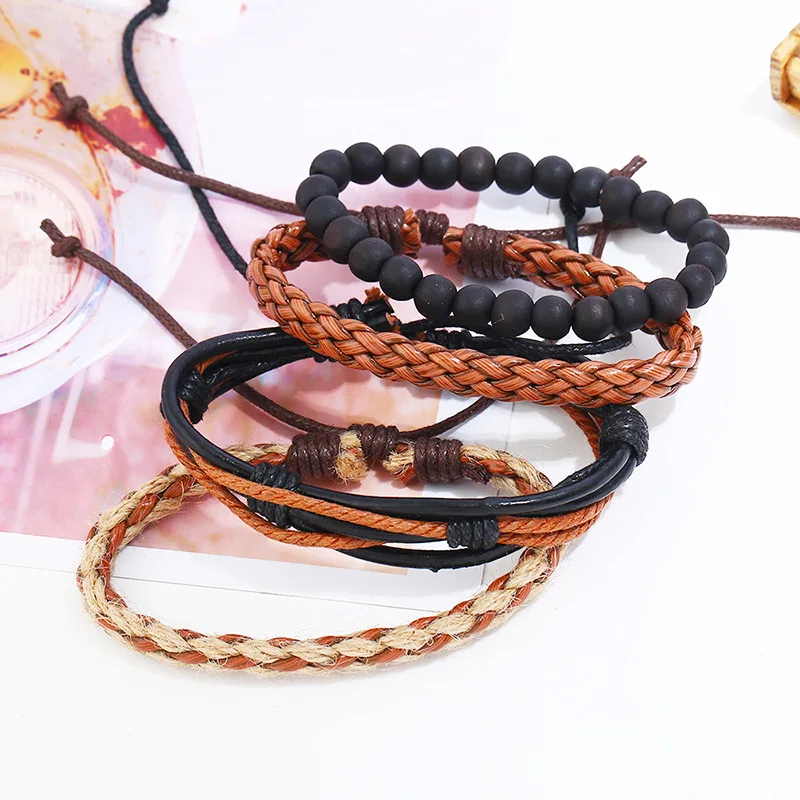 Vintage wood Wooden beads PU leather Woven Ethnic adjustable men bracelet