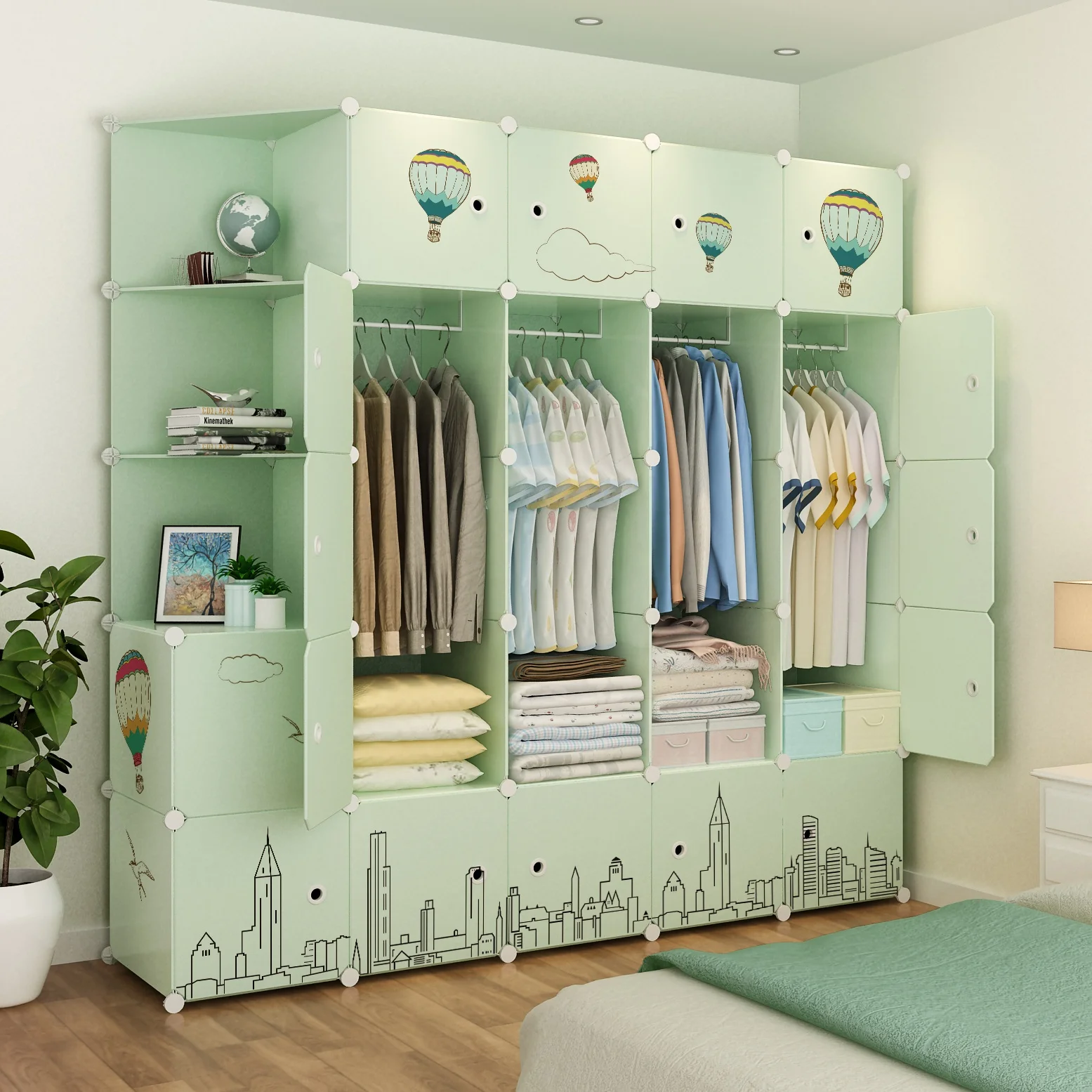 Hot Sale Clothe Storage Cabinet Rectangular Plastic Foldable Wardrobe Organiser Green Color With Stickers Portable Cube Wardrobe