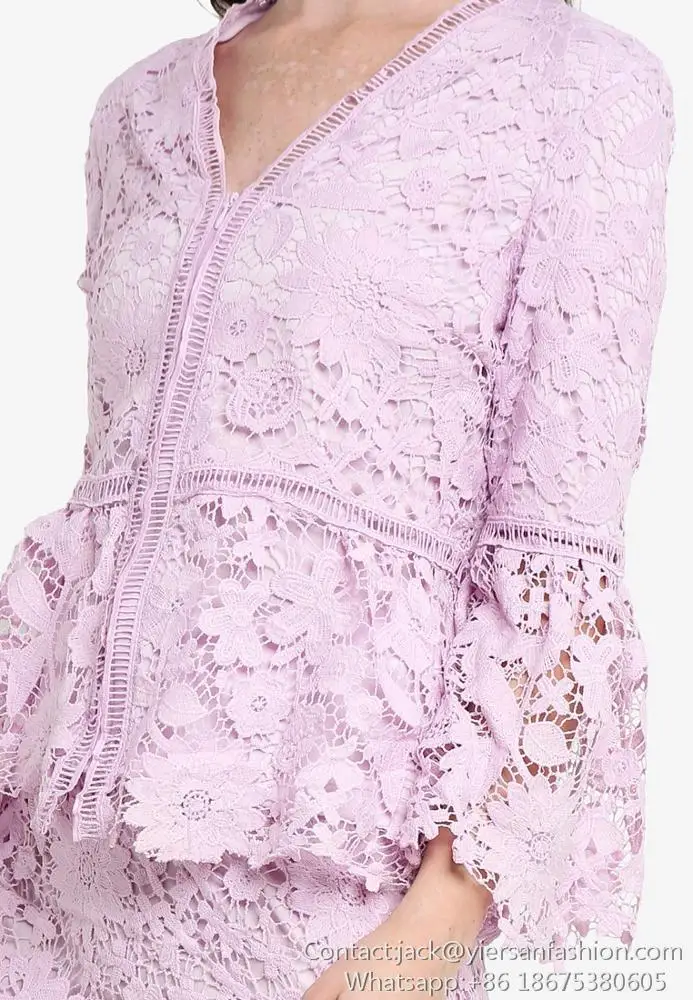 O Neck Flare Long Sleeves Lace Hollow Out Kebaya Modern Baju Kurung For Women