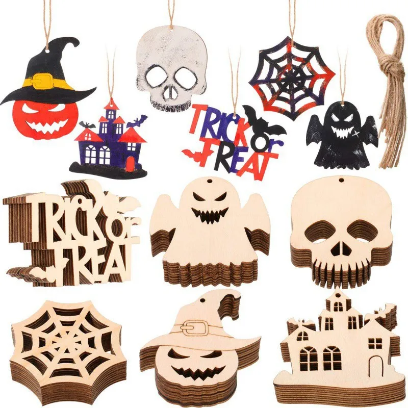Copllent Halloween wood cards Pendant Festival Decoration Wood Chips Home DIY Ghost Festival Props Sign-in Card