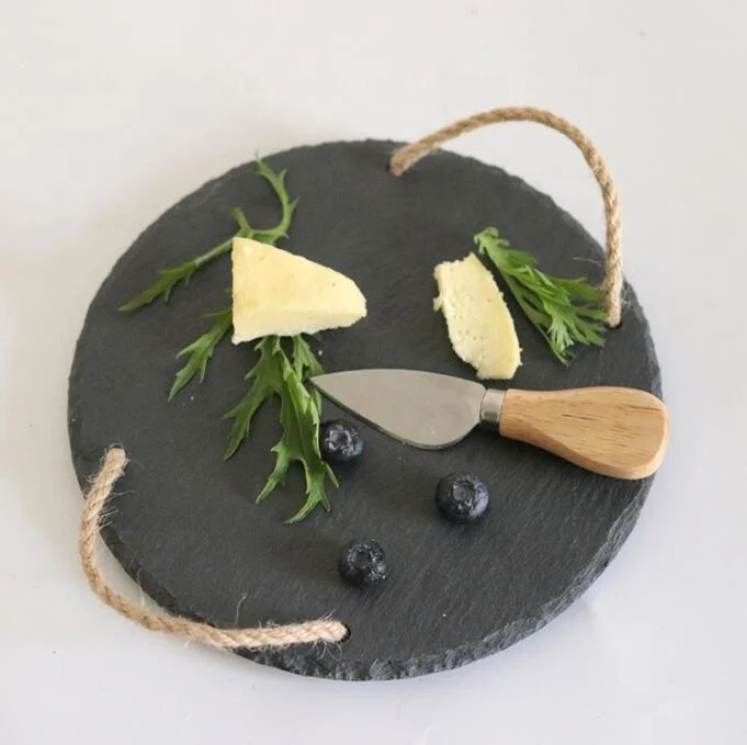 Factory direct sale round black slate dinner plate hemp rope