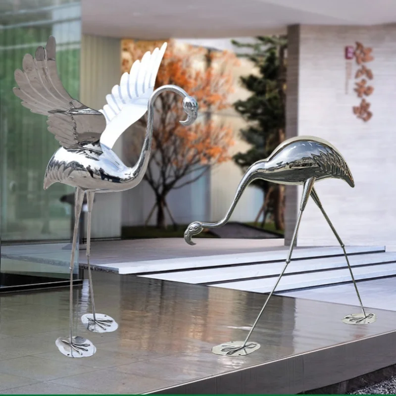 Stainless Steel Crane Sculpture Metal Mirror Flamingo Ornaments Hotel Waterscape Landscaping Sales Department Lawn Ornaments