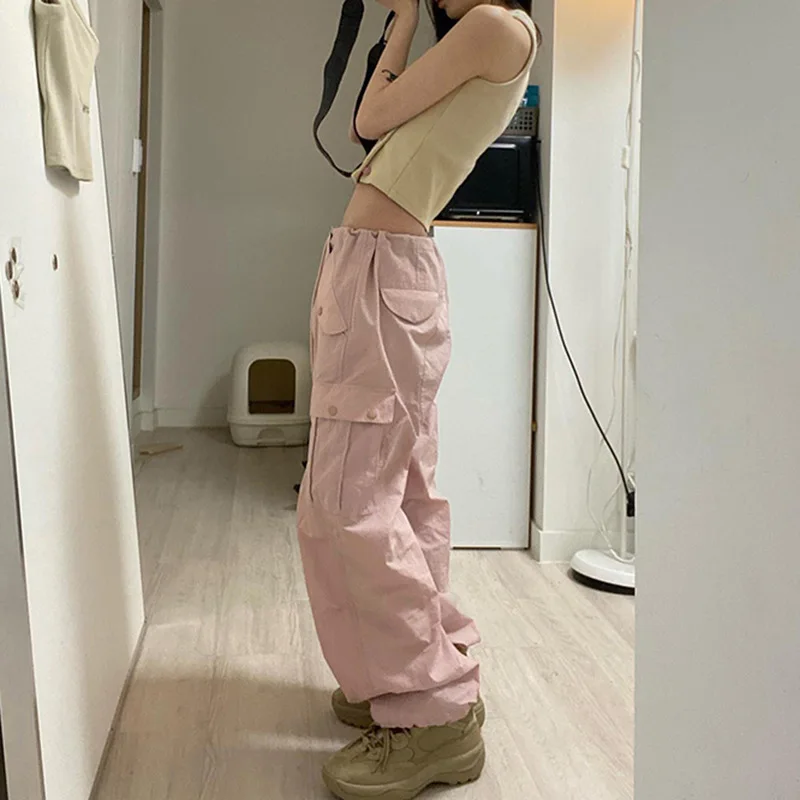 Summer European and American Pocket Casual Overalls Button Vest Suit Female Cargo Pants Streetwear Trousers