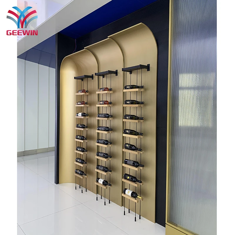 Custom wine display rack wall mounted wooden luquor display showcase rack