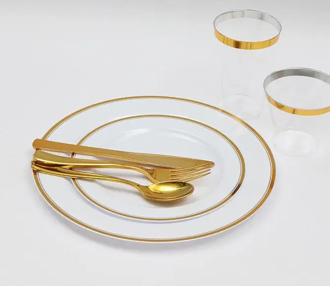 White and Gold Charger Plates Round High Quality hot stamping Disposable plastic Western food party dinner wedding