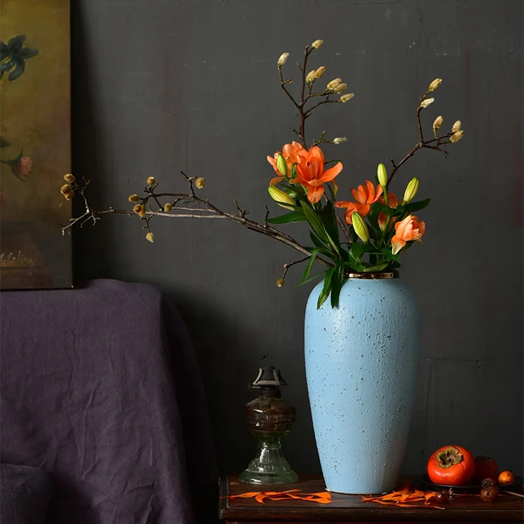 Bixuan Vases Blue Bubbles Retro Distressed Ceramic Jar Vase Unique Golden Decor Art Porcelain Vases Table Centerpieces Set of 3