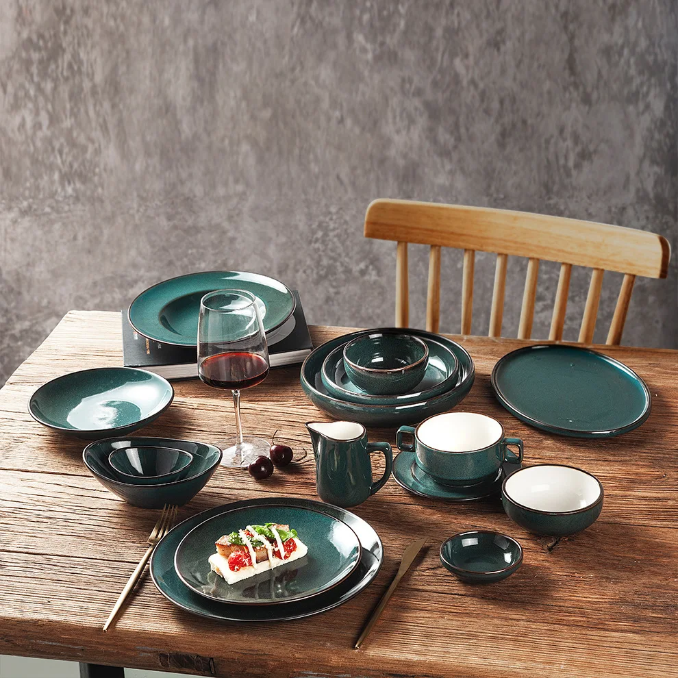 ins nordic style dark green vintage round oval acme dinnerware custom ceramic plate aesthetic
