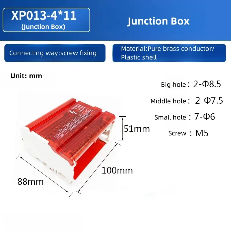XP013-4X11 Power Distribution Junction Box Red 500V 125A Terminal Block Made Ceramic Brass Metal PC Material Screw Spring Type