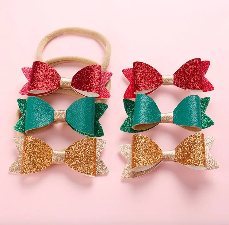 Girls glitter hair bow Christmas hair bow gold leather hair clips