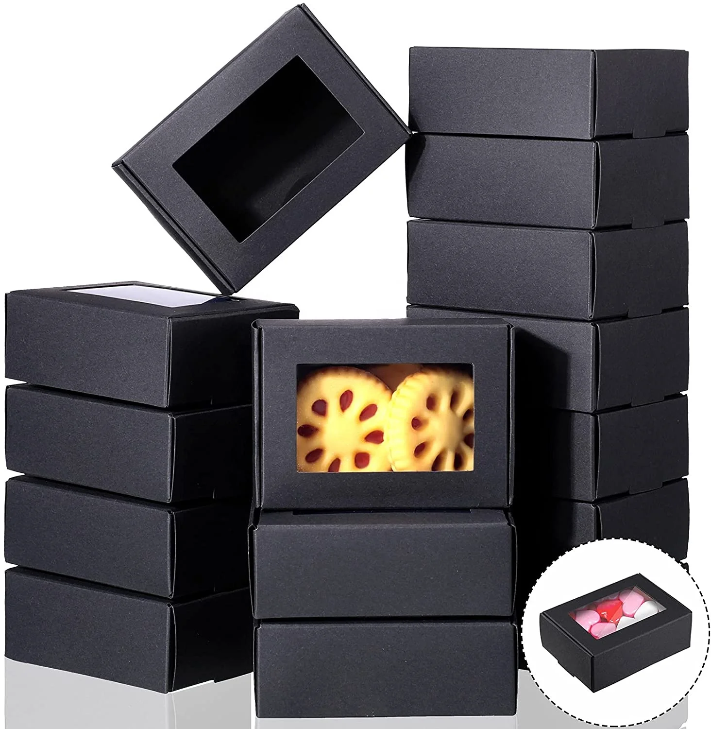 in Bulk Mini Kraft Paper Box with Clear Window Black Brown Craft Cardboard Present Packaging Box for Favor Treat Bakery Candy