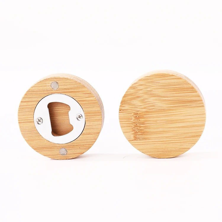 Promotional fridge magnet beer opener blank round shape wooden bottle opener for home decoration