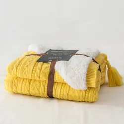 Double Layered Blanket Classic Acrylic Knit Cozy Polyester Faux Lambs Wool Sherpa Backing Plush Throw Blanket