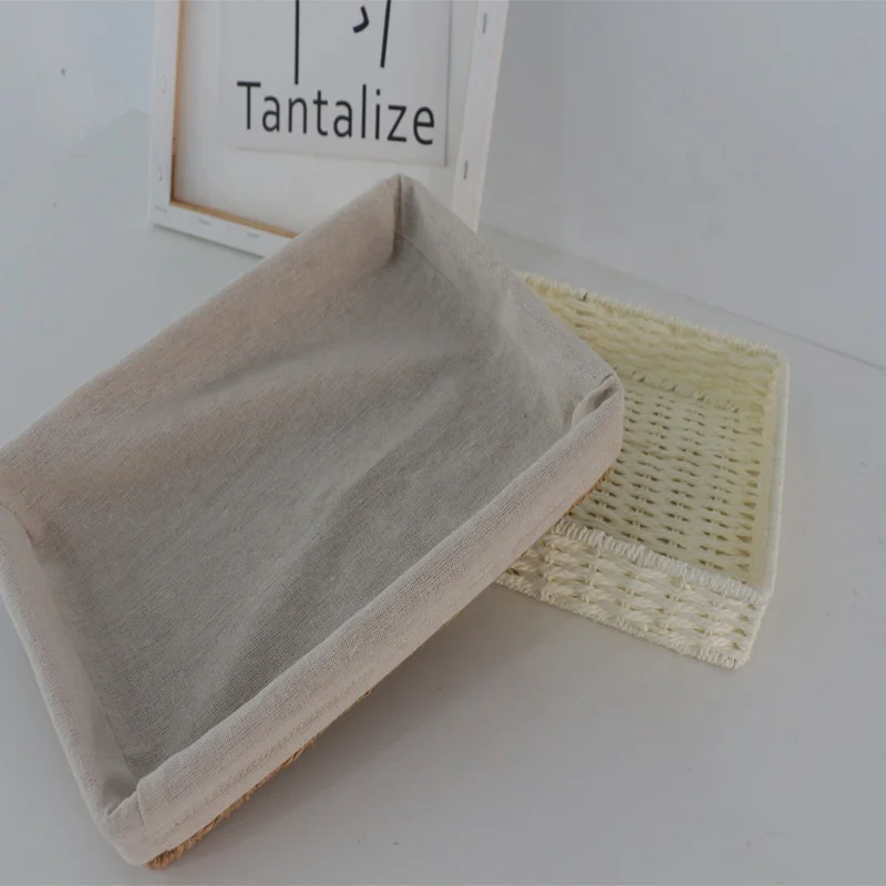 Корзина для хранения из мелкой квадратной соломы с хлопковой льняной подкладкой