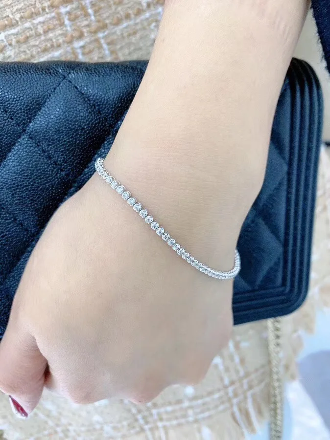 In Stock Wholesale Popular Luxury Sparkling Diamond Jewelry Delicate  Ladies Full Diamond Single Row 18K Pure Bracelet