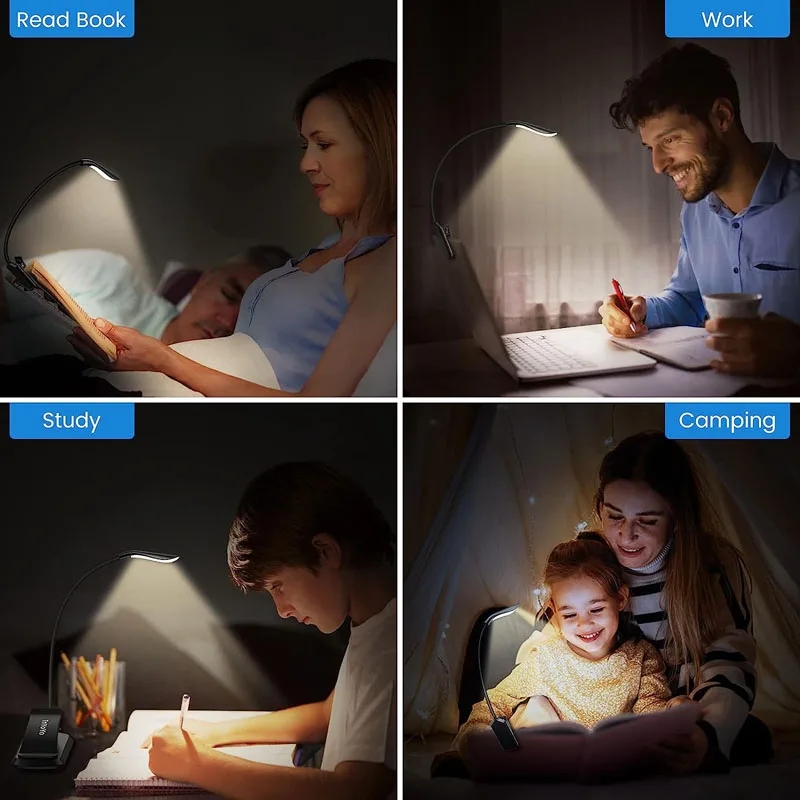 Rechargeable 7 LED Book Light Flexible Clip on Book with Touch Control 3 Brightness Modes for Bed Tablet Home Travel
