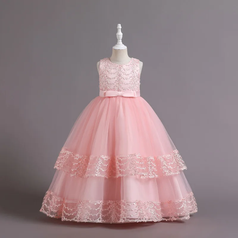 Hot Sale Flower Girl Long Sleeveless Sequins Dress Princess Kids Pageant Party Dance Wedding Birthday Gown