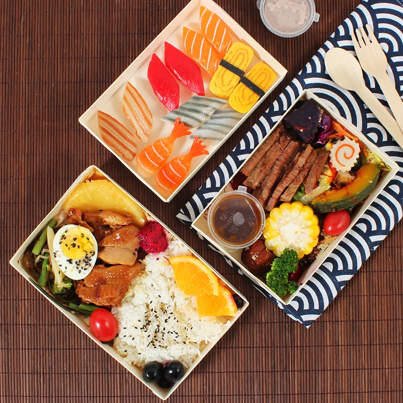 Microwave Safe Disposable Wooden Compartment Foldable Takeaway Fast Food Packaging Containers Meal Tiffin Lunch Meal Box