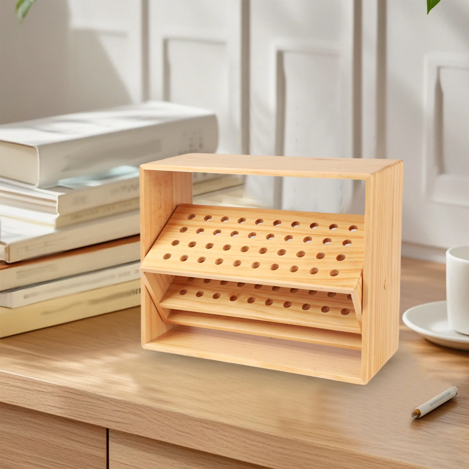 Wooden Pen Organizer Desk Pen Holder Tabletop Stationery Storage 4*10 round holes can hold 40 colored pencils