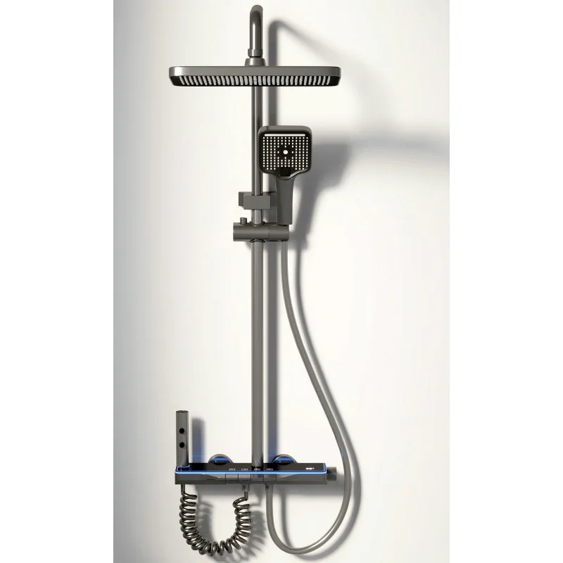 1256QH Contemporary LED Piano Bathroom Shower Set Floor Stand Faucets Brass Rain Gery Dual Ceramic Brushed Brass Shower Head