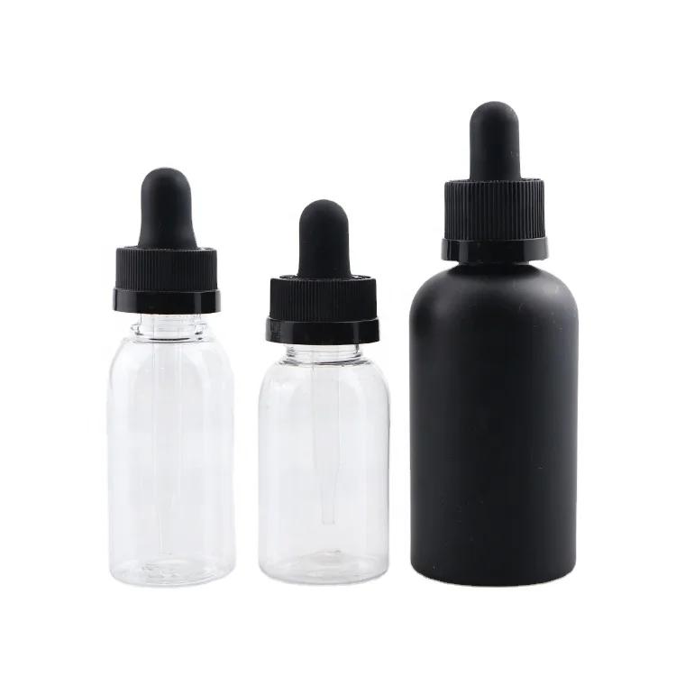 China supplier child proof dropper sealing type 1oz 2oz clear matte black PET plastic round bottle with glass pipette