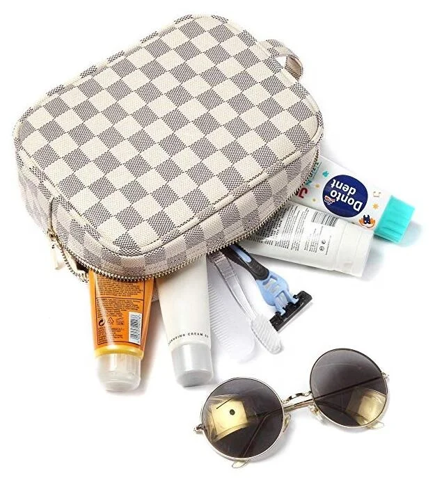 
Luxury Checkered Makeup handbags PU Leather Cosmetic Toiletry Travel bag for Woman 