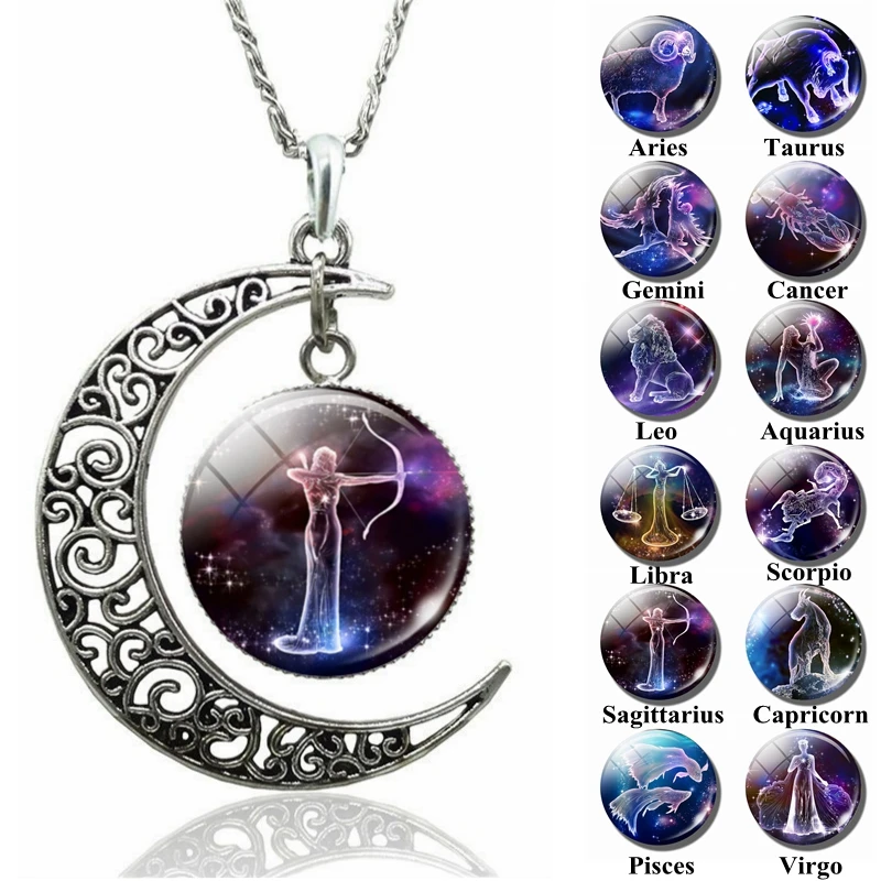 12 Constellation Necklace Zodiac Signs Clavicle Chain Necklace Cabochon Glass Crescent Moon Pendant for Women