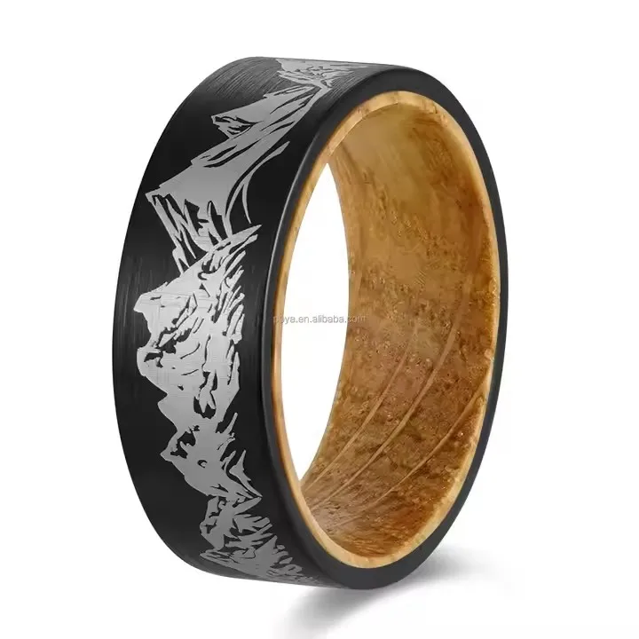 POYA Unisex 8mm Black Flat Tungsten Forest Mountain Ring Whiskey Barrel Wood Inlay Wedding Band Classic Engagement Gift for Men