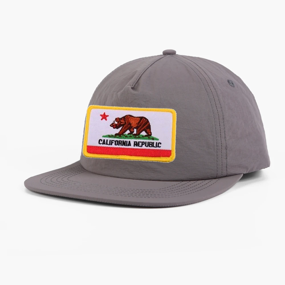 Realbond wholesale embroidery patch snapback cap unstructured 5 panel flat bill usa california cap