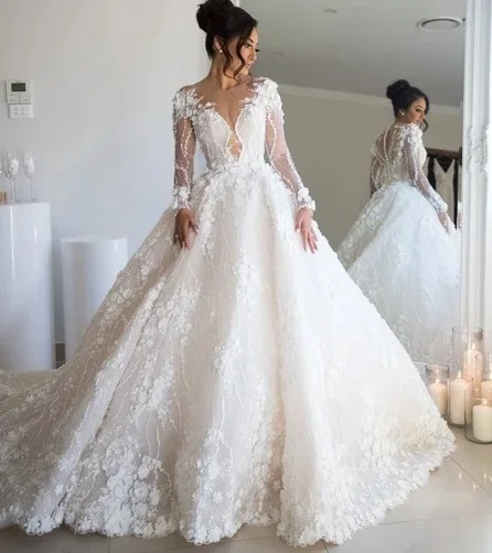3D Flower Lace V Neck Long Sleeve Wedding Dress Ball Gown Plus Size Vestido De Noiva Bridal Gowns