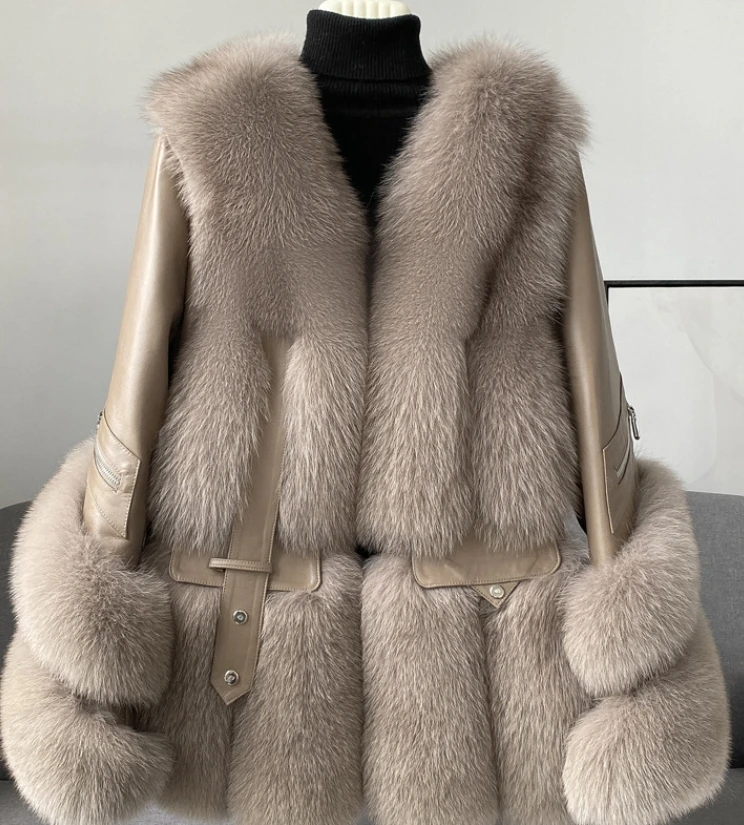 Luxury Elegant Popular Cashmere Fox Fur Leather Coat Women Real Warm Jacket